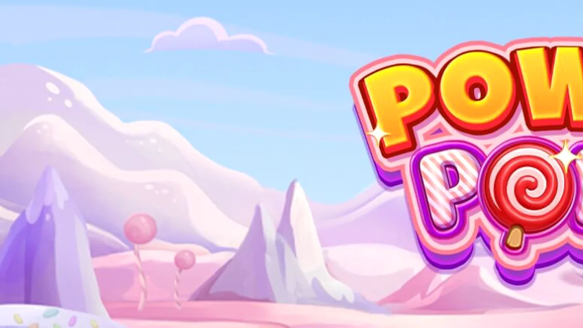 Tampilan visual slot Power Pops dengan latar belakang permen dan grid 6x5