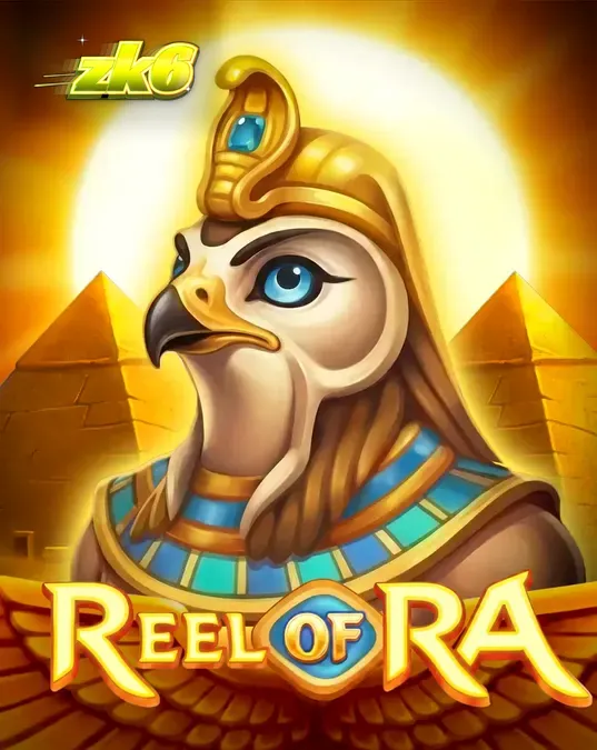 Tampilan visual slot Reel of Ra dengan latar belakang kuil Mesir kuno dan gulungan emas.